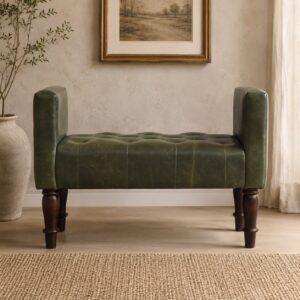 Solid Mango Wood California Walnut Finished Green Leather Bedroom Bench