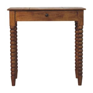 Solid Mango Wood Amber Oak Finished Spindle Leg Lift Up Mirror Dressing Table